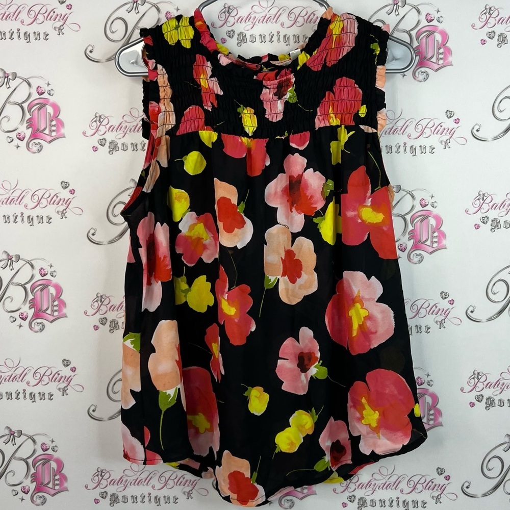 Spense tank top flowers button up flowers Black Floral Sleeveless Blouse